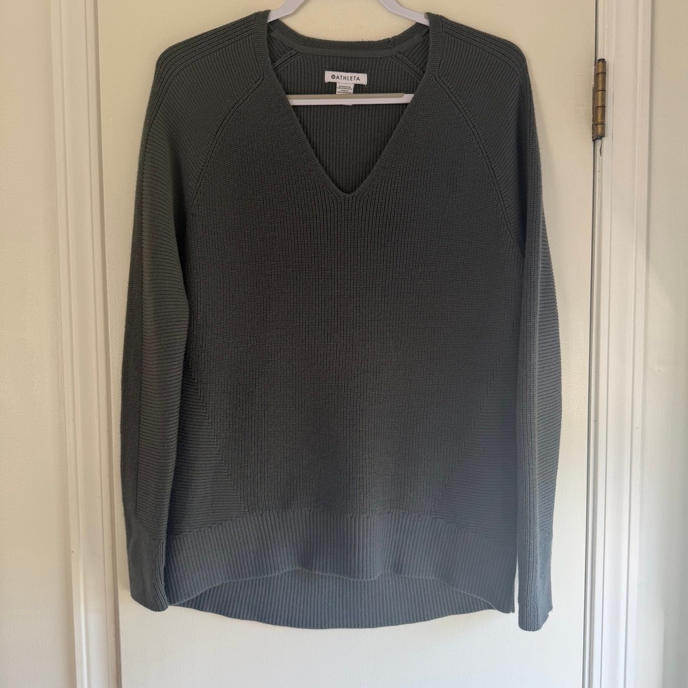 Athleta Hanover V-Neck Sweater XS Charcoal Grey Merino Wool Blend Ribbed Knit